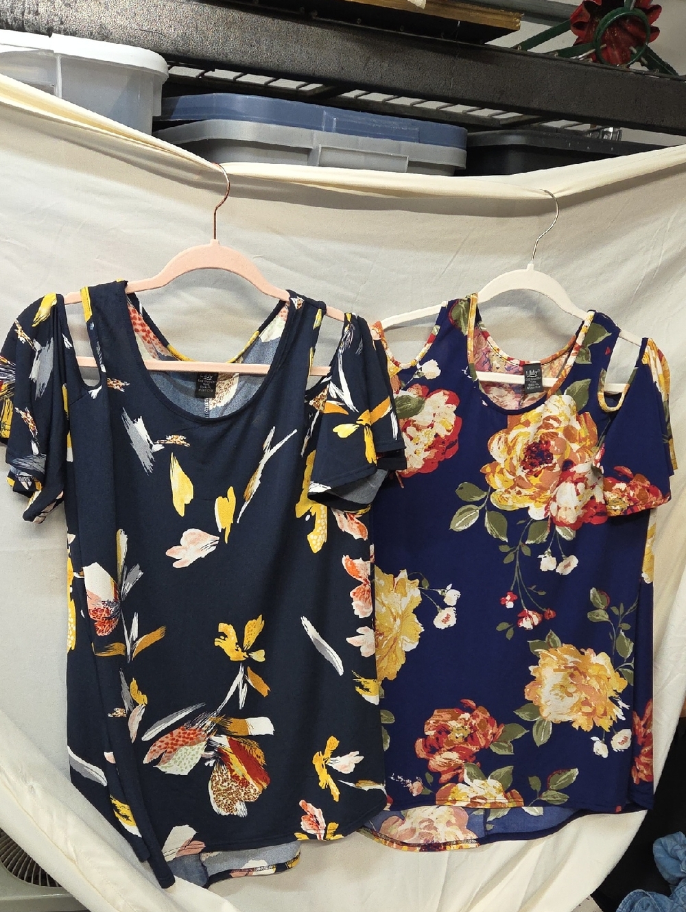 2 Women's Navy Floral Cold Shoulder Tunics By Lildy Cold-Shoulder Blouse